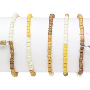 Bracelet mix, stretch, glass, browns / white / multicolored, #6 round with 45mm tassel, 7-1/2 inches. Sold per pkg of 5.