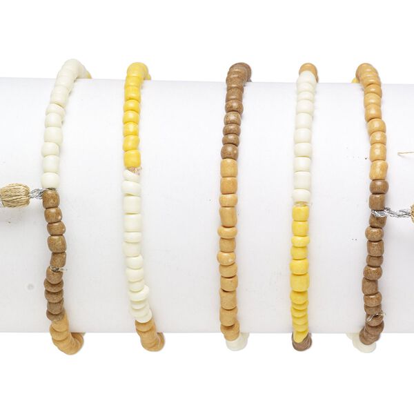 Bracelet mix, stretch, glass, browns / white / multicolored, #6 round with 45mm tassel, 7-1/2 inches. Sold per pkg of 5. image number 0