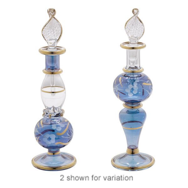 Perfume bottle, handblown glass, translucent iridescent clear / blue / gold, 4-1/2 x1-1/8 to 4-3/4 x 1-1/8 inches with leaves and textured design with twisted leaf stopper. Sold individually. image number 0