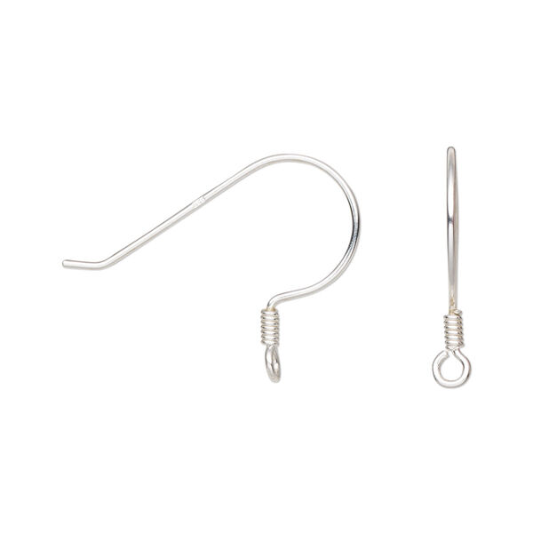 Ear wire, sterling silver, 16.5mm fishhook with 3x1.5mm coil and perpendicular open loop, 21 gauge. Sold per pair. image number 0