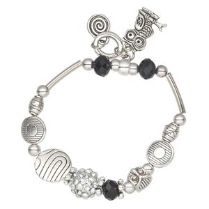 Bracelet, stretch, glass and antique silver-plated "pewter" (zinc-based alloy), black, owl, 6-1/2 inches. Sold individually.