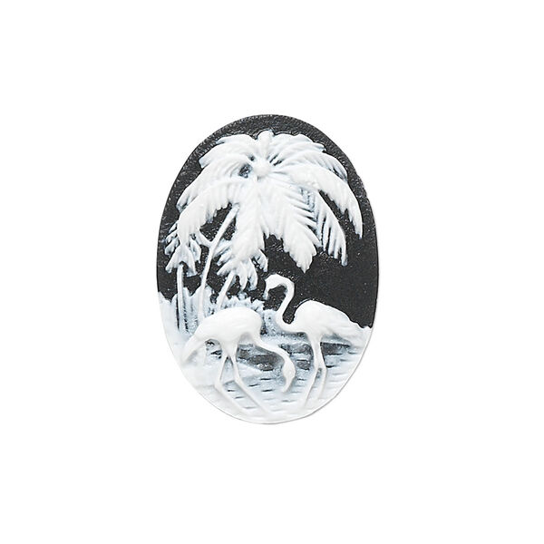 Cabochon, acrylic, black and white, 25x18mm non-calibrated oval cameo with palm tree and flamingo. Sold individually. image number 0