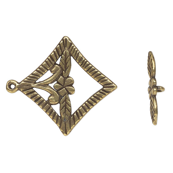 Clasp, toggle, antique brass-finished "pewter" (zinc-based alloy), 28mm textured diamond with flower. Sold individually. image number 0