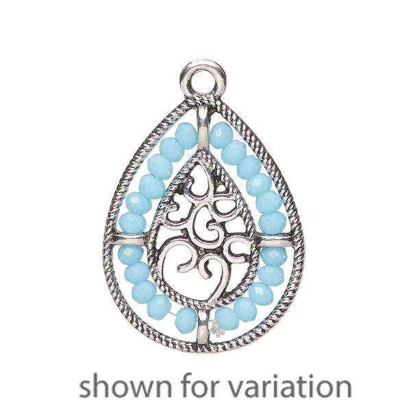 Drop, antique silver-finished "pewter" (zinc-based alloy), aqua blue, 27.5 x 21.5mm teardrop with hearts and beaded border. Sold per pkg of 2. image number 0