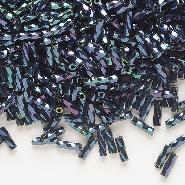 Bugle bead, Dyna-Mites™, glass, opaque iris green, 6mm twisted. Sold per 50-gram pkg. image number 0