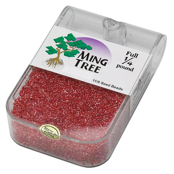 Seed bead, Ming Tree™, glass, pkg/1/4 pound, #11 round, transparent color-lined red. image number 0