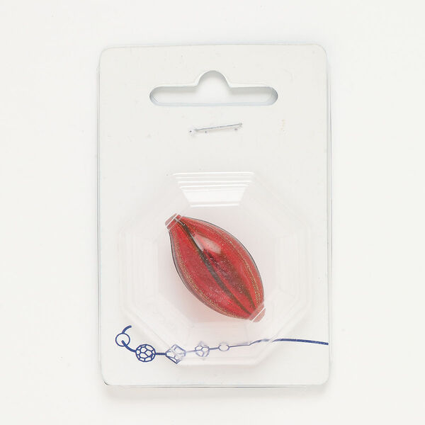 Bead, glass, translucent red and black, 34x19mm oval with line design and copper-colored glitter. Sold individually. image number 0