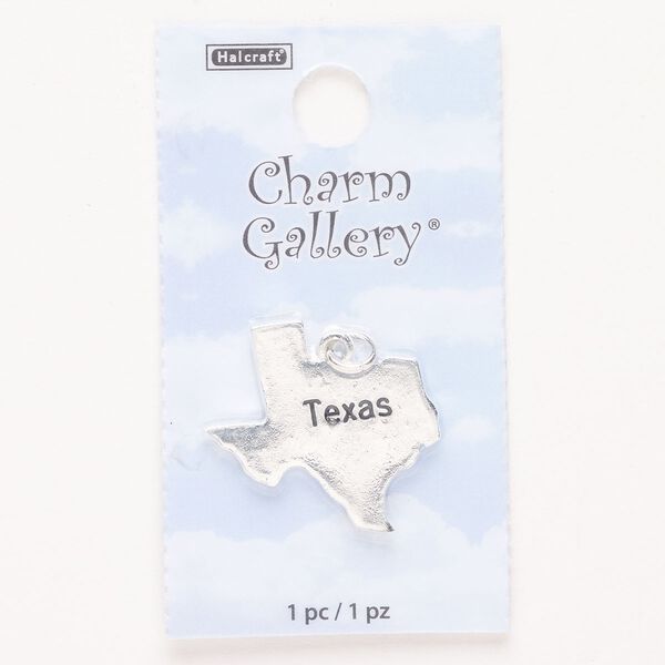 Charm, steel and enamel, pkg/1, silver finish and black, 24x23mm with "Texas." image number 0