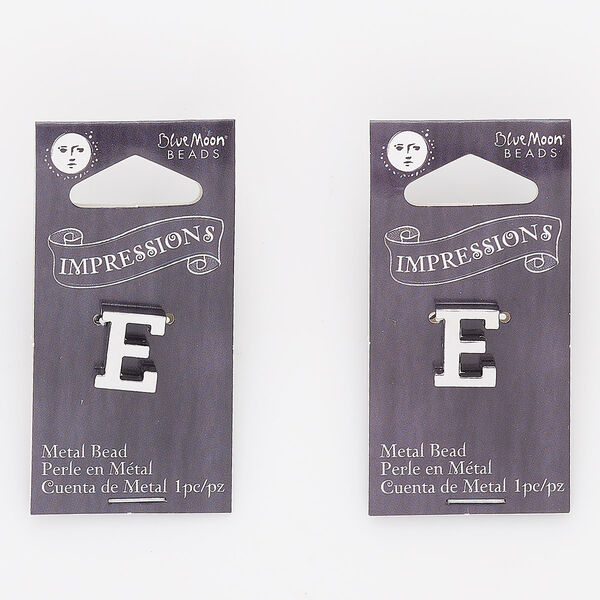 Bead, silver-finished "pewter" (zinc-based alloy), 13x10mm top-drilled alphabet letter "E." Sold per pkg of 2. image number 0