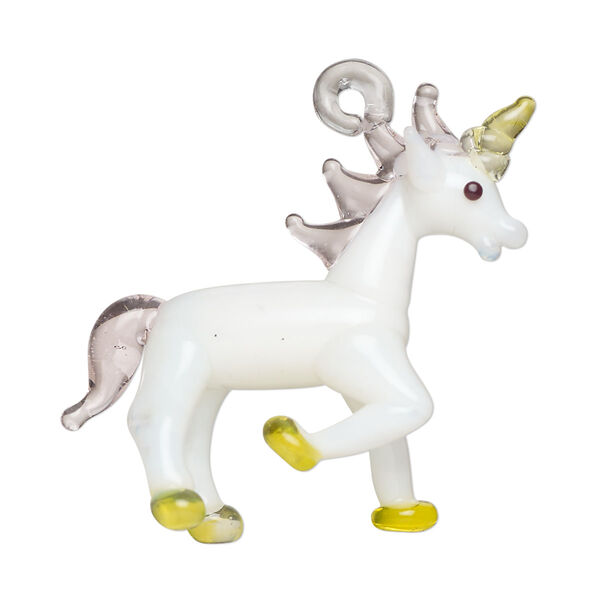 Drop, lampworked glass, opaque white / pink / yellow, 41x32mm 3D unicorn. Sold individually. image number 0