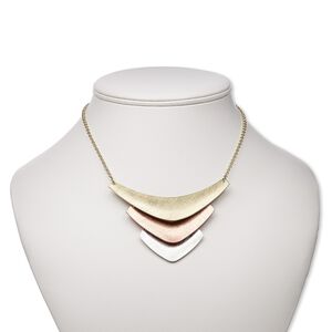 Necklace, gold-finished / silver- / copper-plated brass / steel, 3-1/3 x 2-inch scratched chevron, 16 inches with 3-inch extender chain and lobster claw clasp. Sold individually.