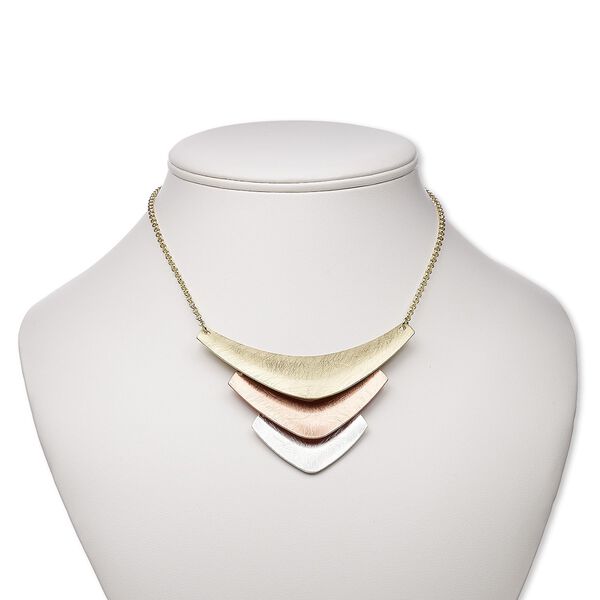 Necklace, gold-finished / silver- / copper-plated brass / steel, 3-1/3 x 2-inch scratched chevron, 16 inches with 3-inch extender chain and lobster claw clasp. Sold individually. image number 0