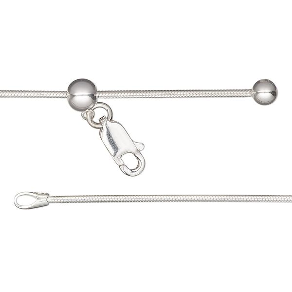 Chain, Gossamer™, sterling silver and silicone, 1.1mm snake chain with 4mm ball and 5mm adjustable slider bead, adjustable from 16 to 24 inches with lobster claw clasp. Sold individually. image number 0