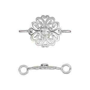 Link, sterling silver and cubic zirconia, clear, 16mm single-sided fancy domed round. Sold individually.