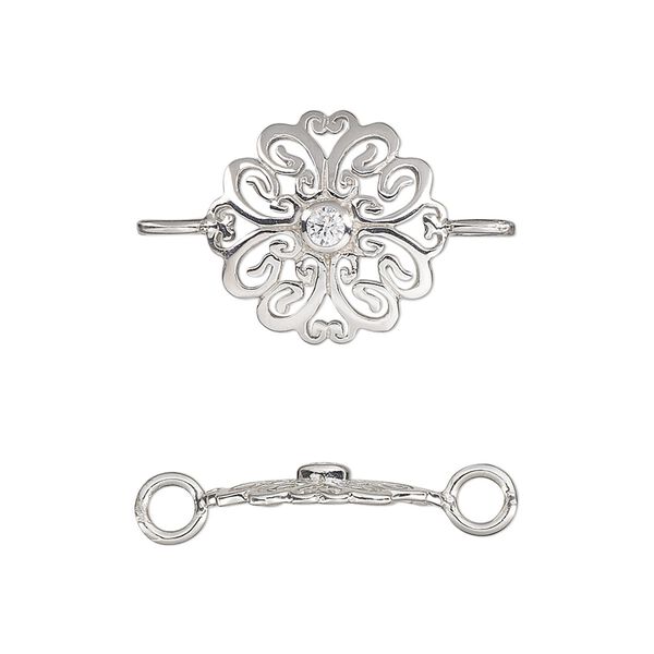 Link, sterling silver and cubic zirconia, clear, 16mm single-sided fancy domed round. Sold individually. image number 0