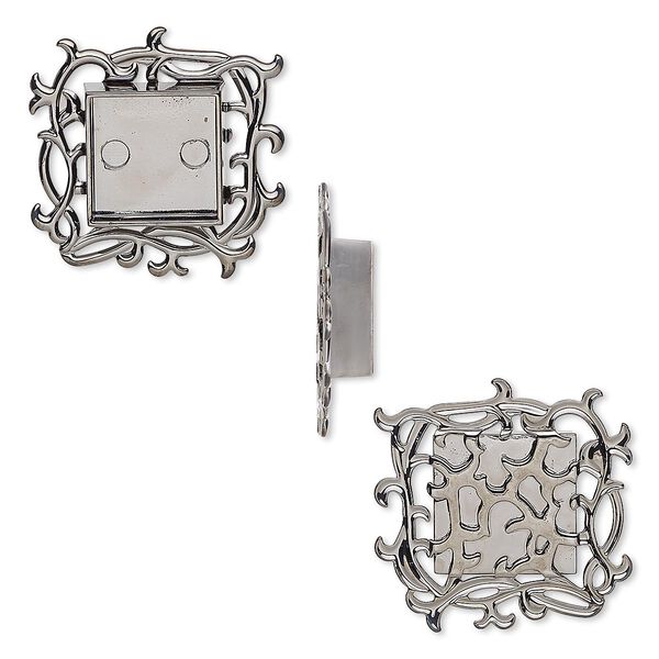 Component, gunmetal-plated "pewter" (zinc-based alloy), 35x35mm square with vines and 17x17mm non-calibrated square setting. Sold individually. image number 0