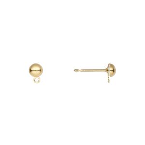 Earstud 1pkg100 gold-plated, 4mm half-ball / closed loop, brass / stainless steel 50 pair