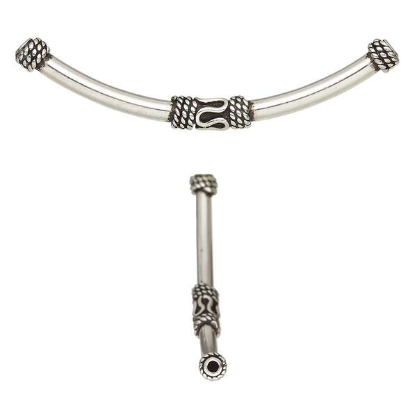 Bead, antiqued sterling silver, 38x3mm curved tube with rope design. Sold individually. image number 0