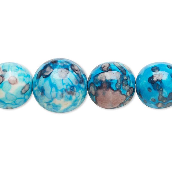 Bead, resin and painted ceramic, blue / white / grey, 6-14mm graduated round. Sold per 15-1/2" to 16" strand. image number 0
