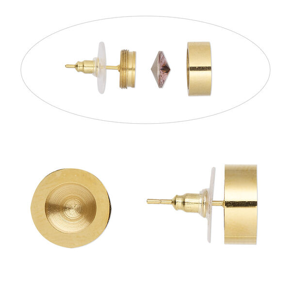 Earstud, Almost Instant Jewelry®, acrylic and gold-finished stainless steel, 12mm round with SS39 rivoli bezel setting. Sold per pair. image number 0