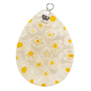 Focal, millefiori glass and silver-finished steel 1pkg1, transparent and translucent clear / yellow-orange / white, 39x29mm-40x31mm puffed teardrop.