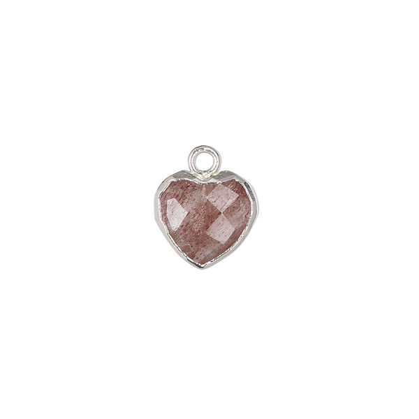 Drop, strawberry quartz (natural) / sterling silver / silver-plated copper, 10mm hand-cut faceted puffed heart. Sold individually. image number 0