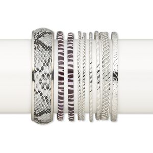 Bracelet mix, bangle, imitation leather and imitation rhodium-plated steel, 2-17mm wide with mixed design, 2-1/2 to 2-3/4 inch inside diameter. Sold per pkg of 9.