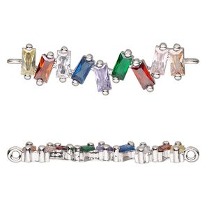 Link, cubic zirconia and silver-finished brass, multicolored, 31x9.5mm single-sided cluster. Sold individually.
