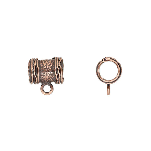 Bead, JBB Findings, antique copper-plated brass, 10x7.5mm textured round tube with ribbed ends and loop. Sold per pkg of 2. image number 0