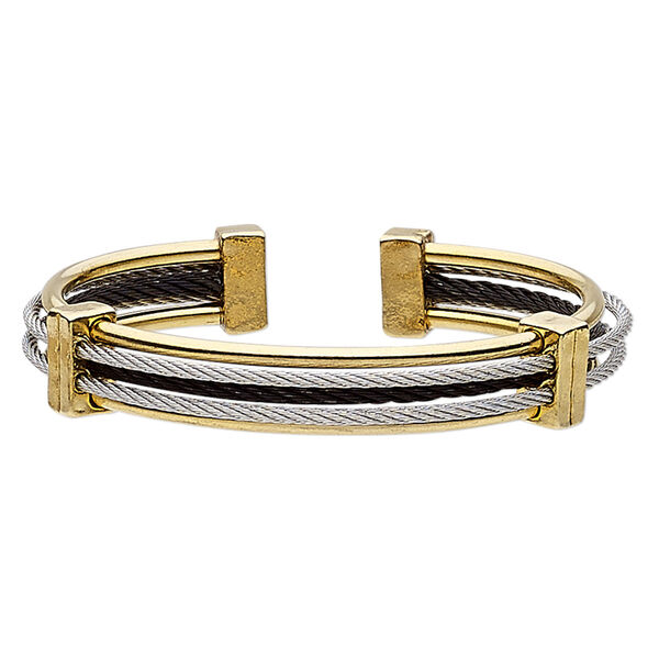 Bracelet, cuff, gold-finished / silver- / black-plated stainless steel, 12mm wide cable, adjustable from 7 to 7-1/2 inches. Sold individually. image number 0