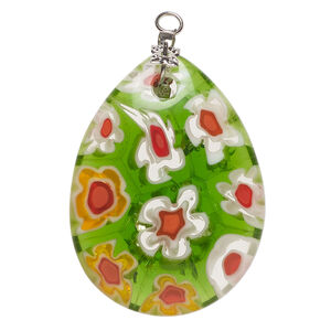 Focal, millefiori glass and silver-finished steel 1pkg1, translucent green and multicolored, 36x26mm-38x28mm puffed teardrop.