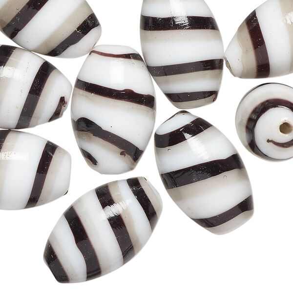 Bead, lampworked glass, opaque black / grey / white, 20x11mm oval. Sold per pkg of 10. image number 0