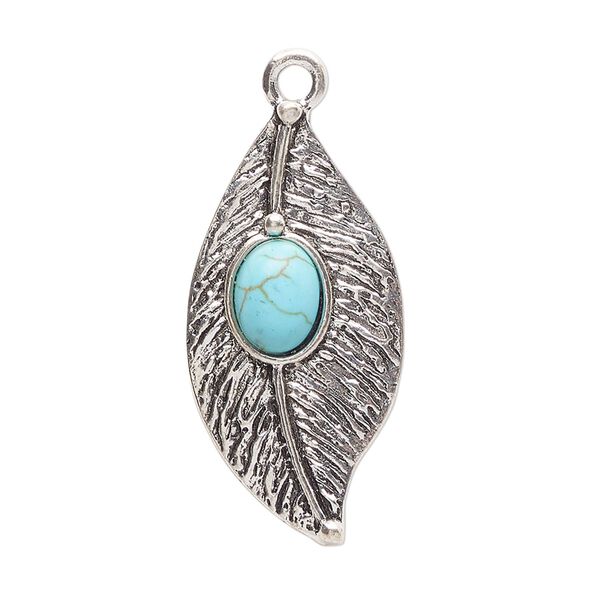 Focal, antique silver-finished "pewter" (zinc-based alloy) and "turquoise" (resin) (imitation), turquoise blue, 34x17mm single-sided feather. Sold per pkg of 2. image number 0