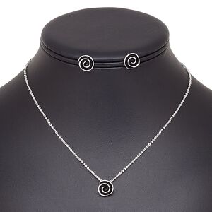 Necklace and earring set, enamel / stainless steel / silver-finished brass / steel / "pewter" (zinc-based alloy), black, 6x6mm swirl, 15" to 16" necklace with 2-inch extender chain and lobster claw clasp, 6x6mm swirl with post. Sold per set.