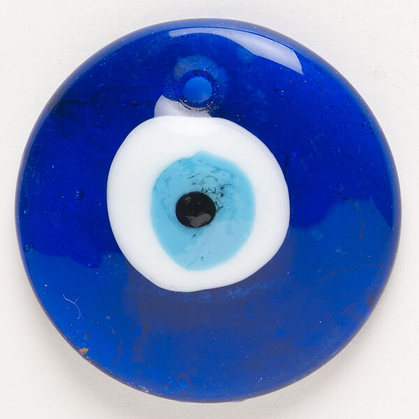 Focal, lampworked glass, pkg/1, opaque and translucent opaque cobalt blue/black/white, 40mm top-drilled round with wards off the evil eye design. image number 0