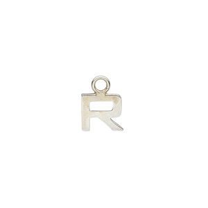 Charm, sterling silver, 8mm single-sided modern square alphabet letter R. Sold individually.