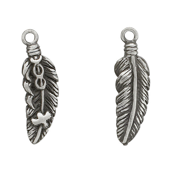 Charm, pewter (tin-based alloy), 25x10mm two-sided left- and right-facing feather. Sold per pkg of 2. image number 0