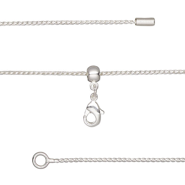 Chain, silicone and silver-plated brass, 0.9mm serpentine, adjustable from 16 to 23-1/2 inches with lobster claw clasp and adjustable slider bead. Sold individually. image number 0