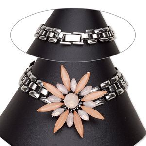 Bracelet, acrylic with antique silver-plated steel and "pewter" (zinc-based alloy), light pink and pink, 12mm wide with 40x40mm flower, 7-1/2 inches with fold-over clasp. Sold individually.