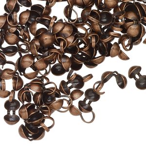 Bead tip, antique copper-finished brass, 8x4mm bottom clamp-on round with open loop. Sold per pkg of 100.