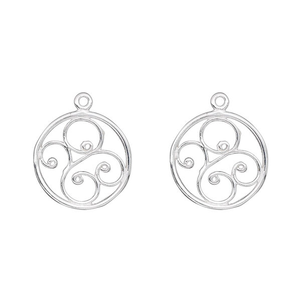 Drop, sterling silver, 14mm single-sided filigree round. Sold per pkg of 2. image number 0