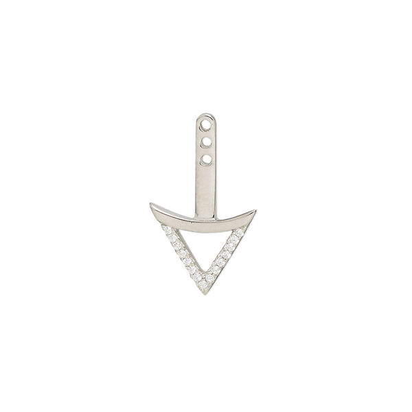 Earring jacket, cubic zirconia and rhodium-plated sterling silver, clear, 19.5x12mm single-sided arrow with (3) loops. Sold individually. image number 0