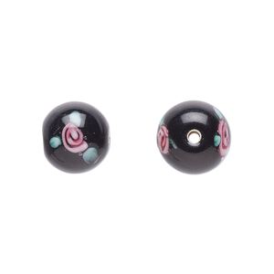Bead, Czech lampworked glass, opaque black / pink /green, 10-11mm round with flower design. Sold per pkg of 4.