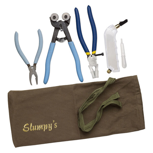 Glass cutting, Slumpy's Tarheel Tools™, steel and plastic, pkg/4 pieces, multicolored, running pliers/breaker-grozer/pistol-grip glass cutter/wheeled glass nippers in canvas bag. image number 0