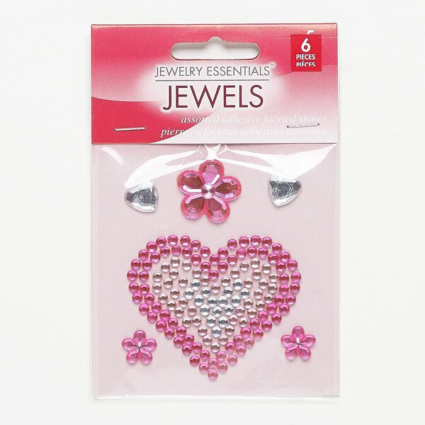 Flat back, self-adhesive acrylic, pink and clear, assorted size and shape. Sold per pkg of 6. image number 0
