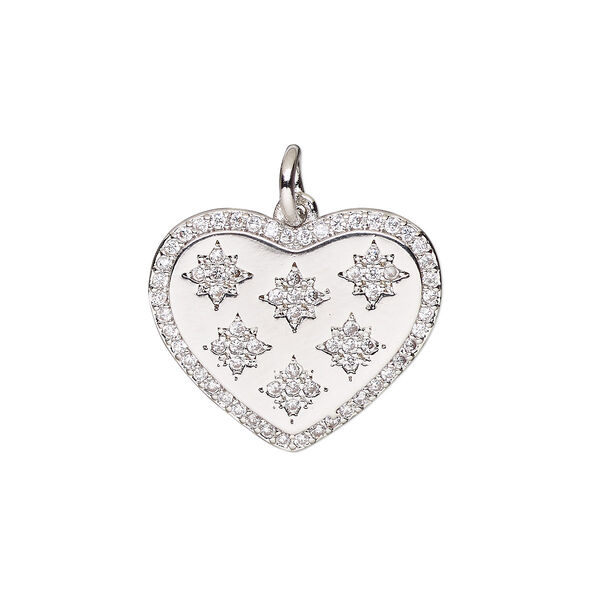 Charm, cubic zirconia and silver-finished brass, clear, 18x16mm single-sided heart with 5mm open jump ring. Sold individually. image number 0