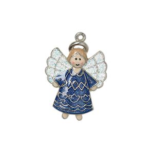 Charm, silver-plated "pewter" (zinc-based alloy) with enamel and glitter, multicolored, 23x18mm single-sided angel. Sold individually.