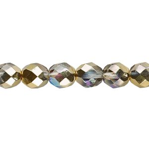 Bead, Czech fire-polished glass, two-tone clear AB and metallic amber gold, 8mm faceted round. Sold per 15-1/2" to 16" strand.