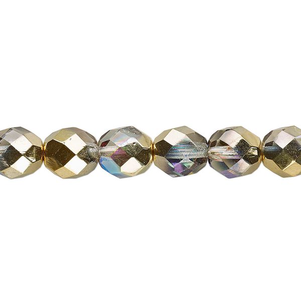 Bead, Czech fire-polished glass, two-tone clear AB and metallic amber gold, 8mm faceted round. Sold per 15-1/2" to 16" strand. image number 0