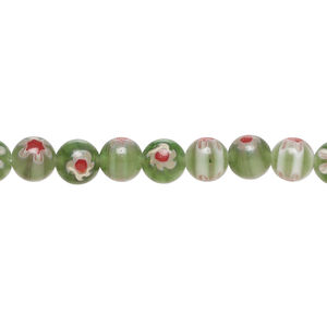 Bead, millefiori glass 1pkg1, translucent green-grey / red / white, 6mm round, 15 inches.